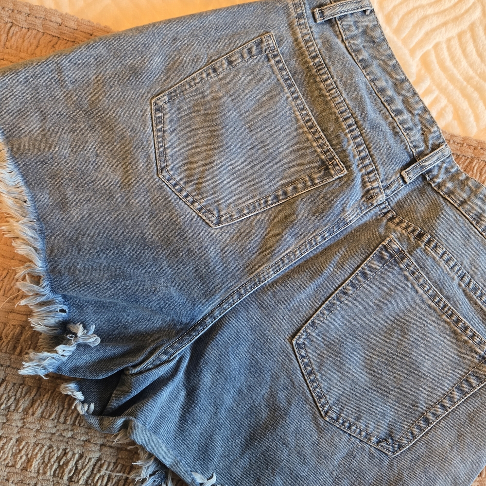 Stylish Light Blue Distressed Denim Shorts With Cheetah Accent - Picture 3 of 4